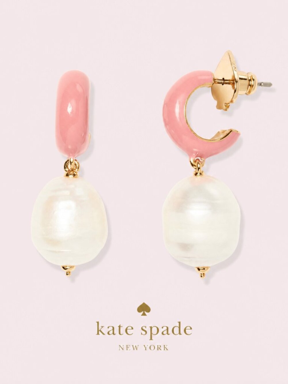 Kate Spade Pink Enamel Huggie Hoop Earrings with Freshwater Pearl Drop